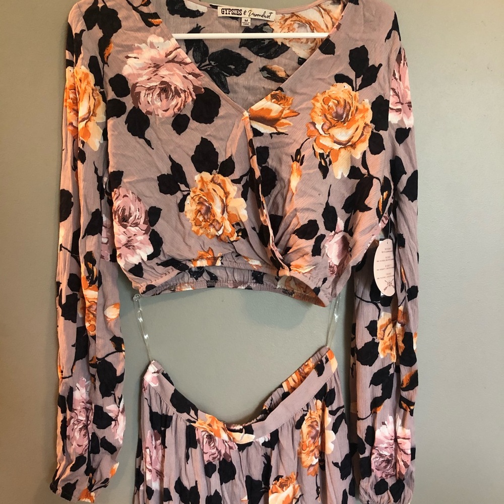 Floral set, cropped top and maxi skirt with slit.